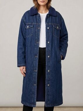 Aritzia TNA Dark Denim Sherpa Lined Long Coat Jacket Size Large Jean Jacket